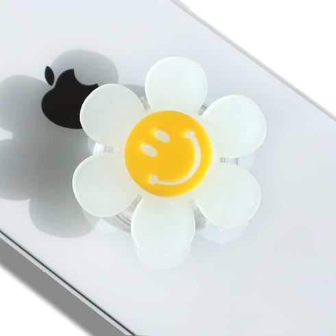 Cheerful Smiley Flower Phone Grip - Bright, Expandable, Collapsible - Comfortable Touch, Secure Grip (White)...