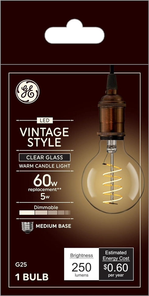 GE Lighting VintaStyle LED Globe Light Bulb, 5 Watt (60 Watt Equivalent) Warm Candle Light, Clear Glass, Medium Base, Dimmable (1 Pack)...