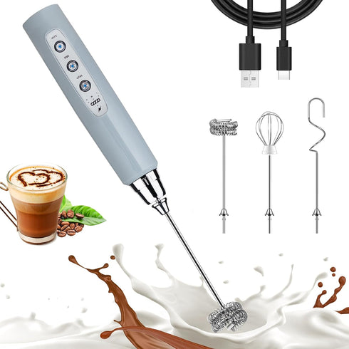 Nahida Cement Gray Milk Frother Wand for Coffee, Frother Handheld Rechargeable Electric Whisk with 3 Heads 3 Speeds Drink Mixer Coffee Frother Foa...