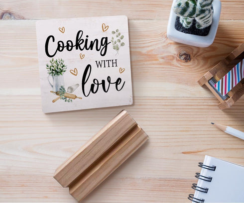 Cooking with Love Wood Plaque with Wooden Stand,Rustic Kitchen Wooden Plaque Sign Desk Decor for Home Kitchen Table Shelf Decoration...