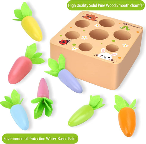 KMTJT Montessori Toys for 1 2 3 Year Old Toddlers, Macron Carrot Harvest Game Wooden Toys for Baby Boys and Girls, Educational Learning Shape Sort...