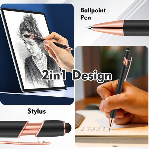 12 PCS 2 in 1 Stylus Ballpoint Pens,Pen with Stylus Tips, 1.0 mm Black Ink Metal Pen Stylus Pens for Touch Screens (Rose gold & Blue) 12 Pens and ...