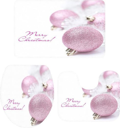 Savannan 3 Piece Christmas Bathroom Rug Set, Merry Christmas Pink Ball Decoration Soft Absorbent Bath Shower Mat, Contour Mat, Toilet Lid Cover wi...