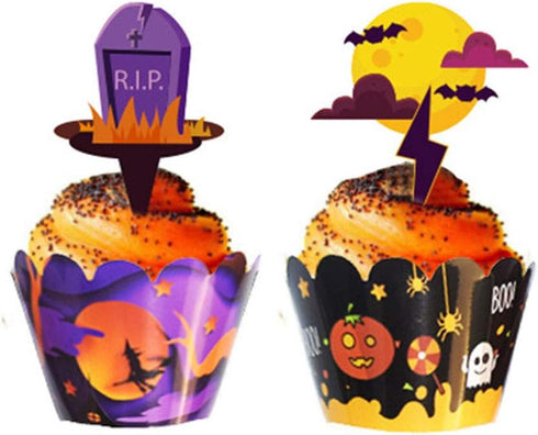 48 Pieces Halloween Cupcake Toppers Cupcake Wrappers Kit for Halloween Cake Decoration...