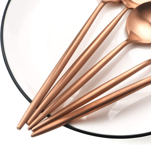 Copper Gold Flatware, Royal 5 Pieces Luxury Matte Finish 18/10 Stainless Steel Tableware Sets for 1 Including Forks Spoons Knives, Camping Silverw...