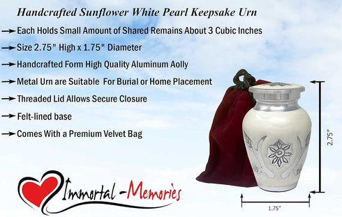 Sunflower Keepsake Urn for Ashes - Miniature Urns - Mini Jar - Token Urn with Velvet Bag (White Pearl)...