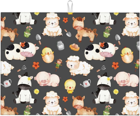 Farm Animal Dish Drying Mat for Kitchen Counter Cute Kitchen Mat Microfiber Kitchen Countertop Absorbent Reversible Drainer Rack Pad Dish Drying M...