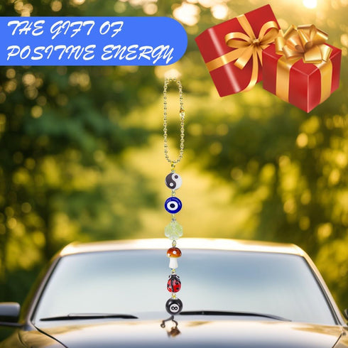 Evil Eye Car Hanging Ornament,Good Lucky Days Car Charm,8 Ball Mushroom Four-Leaf Clover Pendant for Car Rear View Mirror,Cute Boho Evil Eye Ladyb...