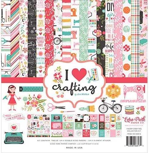 Echo Park Paper Company I Heart Crafting Collection Kit paper, teal, pink, coral, brown, woodgrain, green, yellow, 12-x-12-Inch...