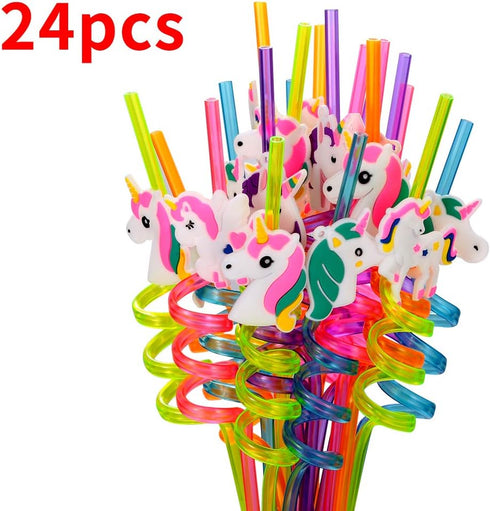 24 Reusable Unicorn Drinking Plastic Straws + 6 Temporary Tattoos for Girls | Birthday Party Supplies - Rainbow Unicorn Party Favors Decorations w...