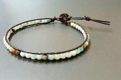Infinityee888 Amazonite Bead Anklet 10 Inches Ankle Bracelet Woven with Leather Cord Handmade Hippie Bohemian Unisex Style Gift Idea for Men and W...