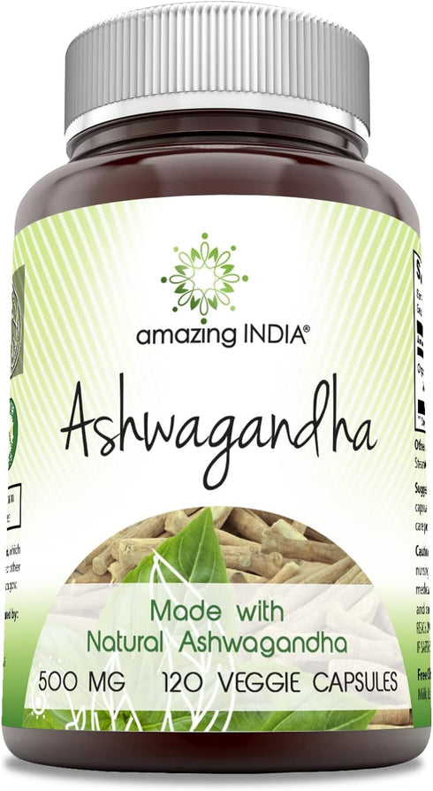 Amazing India Ashwagandha Supplement | 500 Mg Per Serving | 120 Veggie Capsules | Non-GMO | Gluten Free | Made in USA | Ideal for Vegetarians...