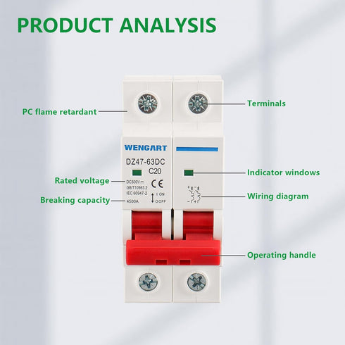 DC Miniature Circuit Breaker DZ47-63Z,500V 2 Poles 10-63A,Work for Battery and Solar PV Systems and Other DC Systems, DIN Rail Mount,DC Disconnect...