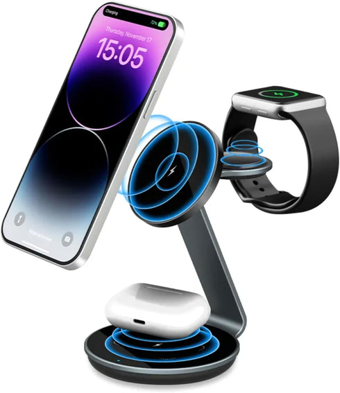 FigurX 3 in 1 Magnetic Wireless Charging Station, Mag Safe Aluminum Alloy Charger Stand for iPhone 15/14/13/12 Series, Apple Watch, AirPods Pro (U...