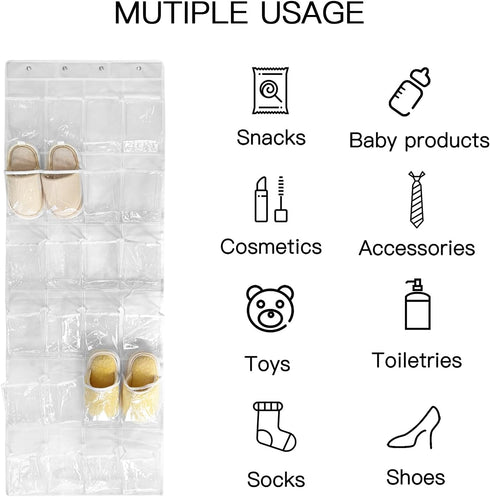 1 Pack 24 Clear Crystal Pockets Large Hanging Shoe Organizer Over The Door Shoe Rack for Closet Door Storage Shoe Holder Hanger, 4 Hooks, ALL Whit...