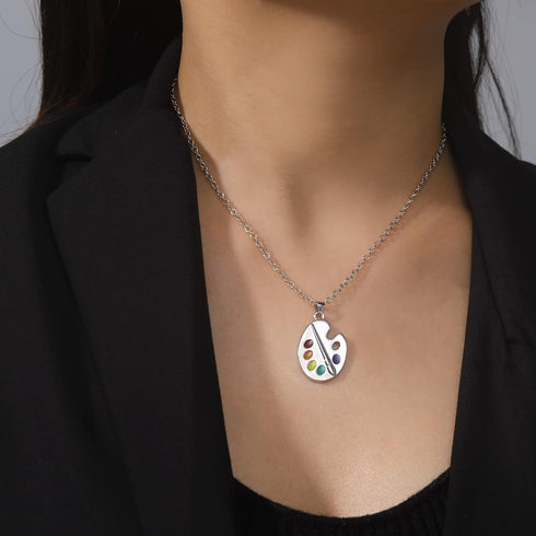 Trendy Enamel Artist Paint Palette and Brush with Thin Pendant Necklace Gifts Jewelry for Women & Girls...