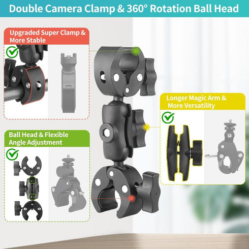 Super Clamp Double Camera Clamp, Double Mount Clamp Bracket Magic Arm Double Ball Head, Crab Plier Clip Bracket with Ballhead for Light Stand, Pho...
