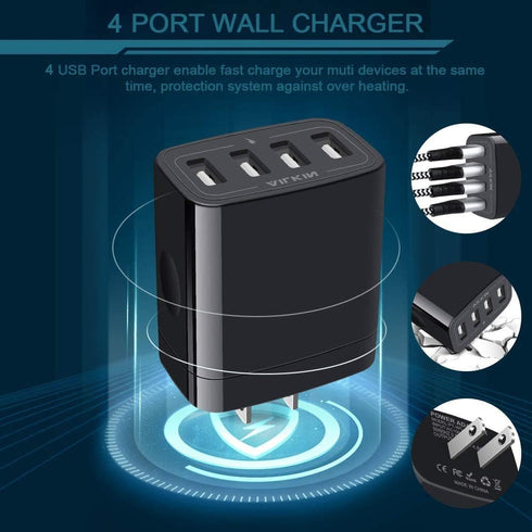 Wall Charger, USB Charger Adapter, AILKIN 4.8A 4Multi Port Fast Charging Station Power Base Block Plug Cube Brick for iPhone 15 14 SE 13 12 11Pro ...