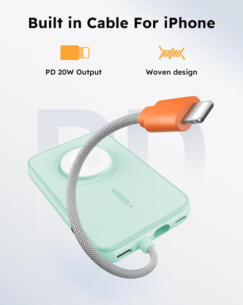 VEGER Portable Charger for iPhone with Built in Cable, 5000mAh Mini Power Bank Battery Pack, PD 20W Fast Charger Travel Essential Compatible with ...