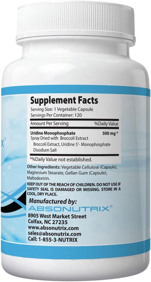 Absonutrix Uridine Monophosphate (Choline Enhancer) 500mg per Capsule - 120 Vegetable Capsules Memory Made in USA...