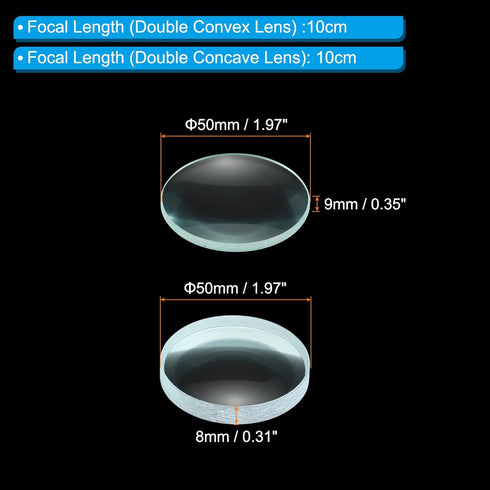 PATIKIL 10cm Focal Length 50mm Double Convex and 10cm Focal Length 50mm Double Concave Lens 1 Set, 2 Pack Glass Optically Polished Round Edges Len...