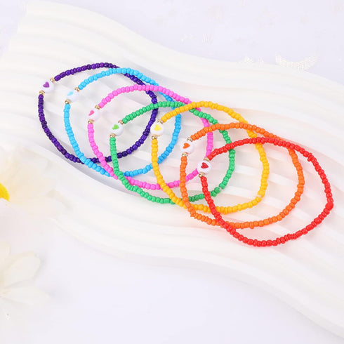 Colorful Beaded Bracelets for Women Glass Seed Beads Stackable Heart Beads Rainbow Stretch Friendship Bracelets Elastic Heishi Surfer Bracelets Se...