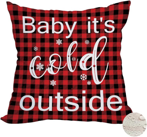 Winter Outdoor Merry Christmas Throw Pillow Covers 20x20 Inch Waterproof Red and Black Buffalo Plaids Baby It’s Cold Outside New Year Holiday Cush...