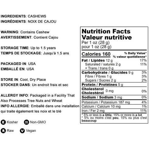 Food to Live - Cashew Nuts, 8 Ounces Non-GMO Verified, Large Size W240, Whole Nuts, Unsalted, Kosher, Raw, Vegan, Bulk...