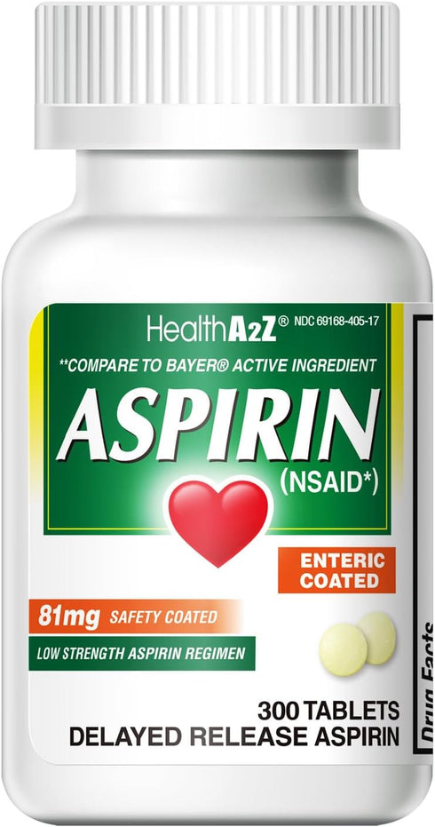 HealthA2Z® Aspirin 81 mg | Low Strength | Enteric Coated | Pain Relief | Reduces Minor Aches Muscle Pain & Cramps | Fever Reducer | Reduces Headac...