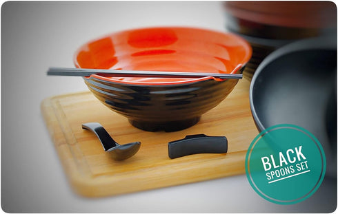 12 Pieces Ramen Set: 4 Black Spoons, 4 Chopsticks And 4 Stand rest. Asian Soup Spoons. Unbreakable Melamine Made. Perfect For Japanese And Chinese...