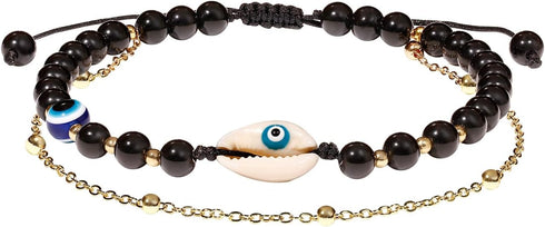 Summer Beach Shell Anklet Jewelry Protection Evil Eye Beaded Natural Obsidian Ankle Bracelets for Women Layered 14k Gold Plated Foot Chain 6mm...