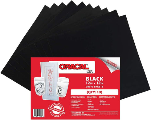 (10) 12" x 12" Sheets - Oracal 651 Black Adhesive Craft Vinyl for Cricut, Silhouette, Cameo, Craft Cutters, Printers, and Decals - Gloss Finish - ...