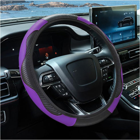 Car Steering Wheel Cover, 15 Inch Carbon Fiber Leather Elastic Steering Wheel Protector, Anti-Slip, Breathable & Soft Car Interior Accessories Uni...