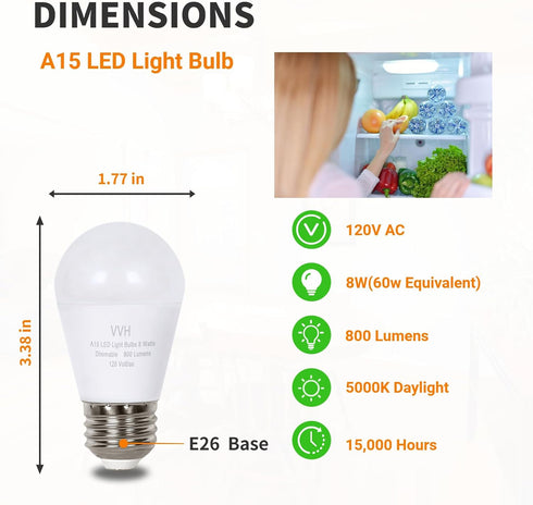 6 Pack A15 LED Light Bulb Dimmable,8W Equivalent 60W Light Bulb, Daylight 5000K E26 Medium Base,Perfect for Lamps and Home Lighting...