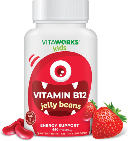 Vitamin B12 650mcg Jelly Beans for Kids - Tasty Natural Berry Blast Flavor - Vegan, GMO-Free, Gluten Free, Nut Free - Dietary Supplement - Energy ...