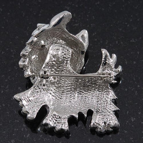 White Enamel Yorkie Puppy Dog Brooch In Rhodium Plating - 4cm Length...