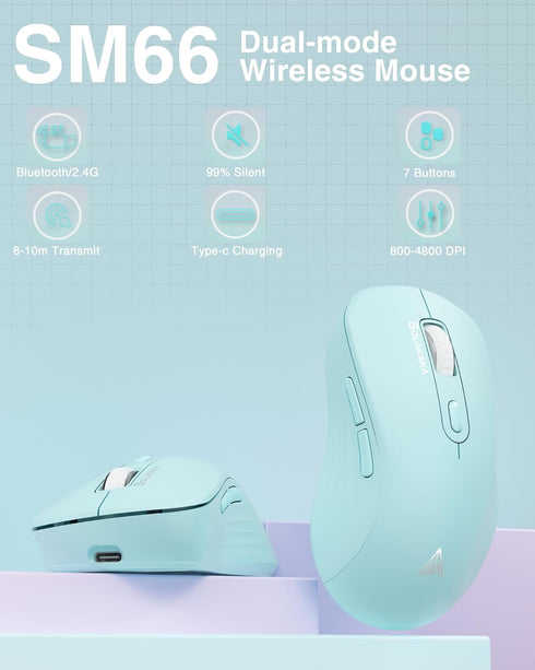 SM66 Green Silent Dual Mode Wireless Mouse for Laptop, Adjustable 4800 DPI,Rechargeable Computer Mouse for Bluetooth and Wireless Connection...