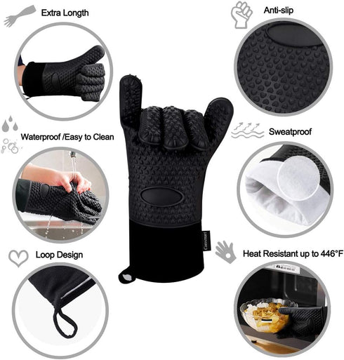 Comsmart BBQ Gloves, Heat Resistant Silicone Grilling Gloves, Long Waterproof BBQ Kitchen Oven Mitts with Inner Cotton Layer for Barbecue, Cooking...