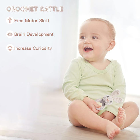 Youuys Wooden Baby Rattle Toys, Easter Bunny Rattle for Baby Crochet Bunny Rattle Toy Natural Wood, Shaker Rattle for Hand Grips, Boy Girl First R...