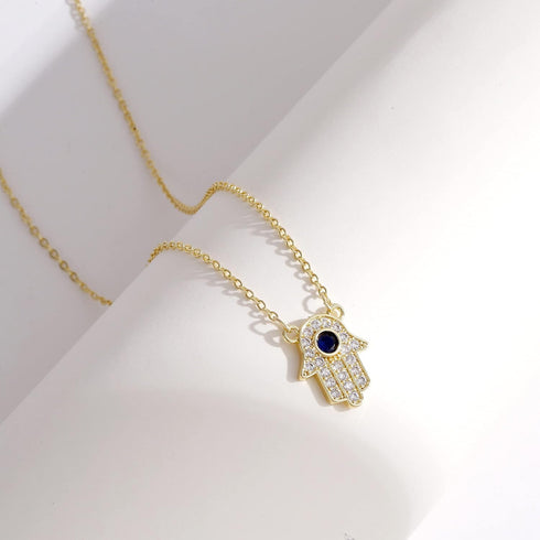 Kyerlyn Hamsa Hand Pendant Necklace 14K Gold Plated Cubic Zirconia CZ Hamsa Hand Necklace Dainty Evil Eye Necklace for Women Handmade Necklace Gif...