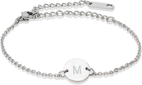 Stainless Steel Initial Bracelet Delicate Coin Letter Bracelet Dainty Small Disc Name Bracelet Personalized Monogram Charm Bracelet for Women...