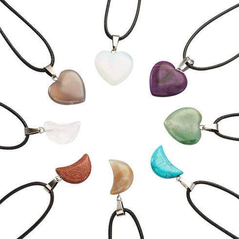 FASHEWELRY 20Pcs Random Crescent Moon Heart Chakra Stone Pendants Healing Crystal Gemstone Charms & 20Pcs Black Waxed Cotton Necklace Cord & 1Pc V...