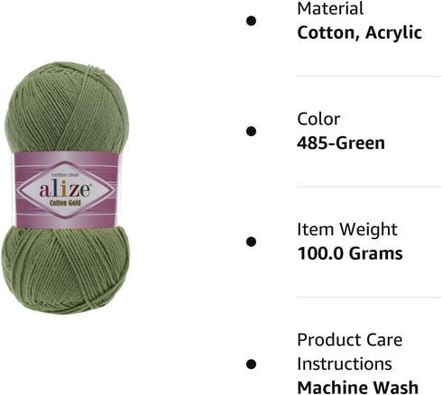 55% Cotton 45% Acrylic Alize Cotton Gold Yarn 1 Skein/Ball 100 gr 360 yds (485-Green)......