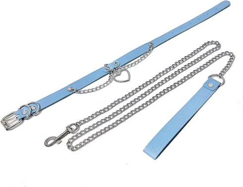 2Pcs Love Heart Charm Soft Blue Faux Leather Collar and Leash Chain Set for Women Pet Sexy Cute Cosplay Toys Gift...