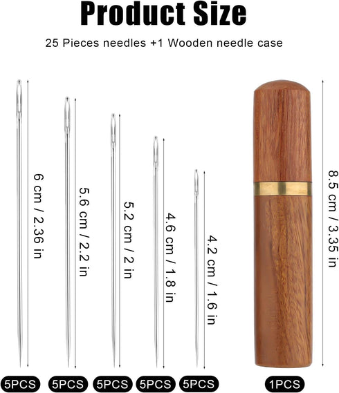 25pcs Large Eye Sewing Needles, 5 Sizes Tapestry Needle Embroidery Needles Yarn Needles Quilting Needles with Wooden Needle Case Stainless Steel W...