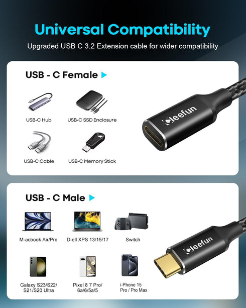 CLEEFUN USB C Extension Cable 10ft, USB C 3.2 Male to USB C Female Extension Cable, 5Gbps Data & 4K Video Sync Transfer USB C Extender Cable 100W ...