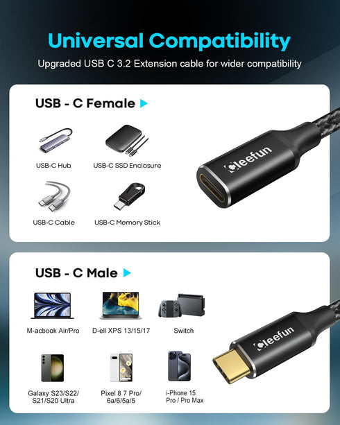 CLEEFUN USB C Extension Cable 1ft, USB C 3.2 Male to USB C Female Extension Cable, 10Gbps Data & 4K Video Sync Transfer USB C Extender Cable 100W ...