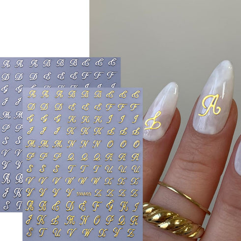 8 Sheets Retro English Letters Nail Stickers for Nail Art - Black White Gold Silver Retro English Nail Art Decals 3D Self-Adhesive Letter Nail Sti...