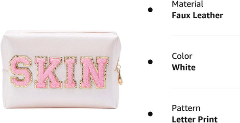 Preppy Patch Makeup Bag, Cosmetic Toiletry Bag for Women, Skin Chenille Letter Skincare Bag, PU Leather Portable Makeup Pouch, Waterproof Daily Us...