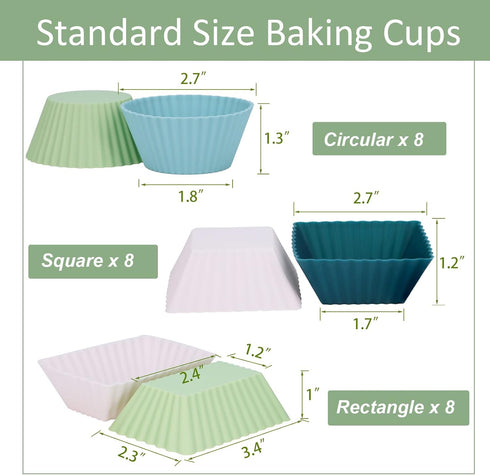 Silicone Cupcake Liners, 24pack Reusable Baking Cups Muffin Liners Pastry Cake Molds, 3 Shapes Lunch Box Bento Dividers-Round, Square, and Rectang...
